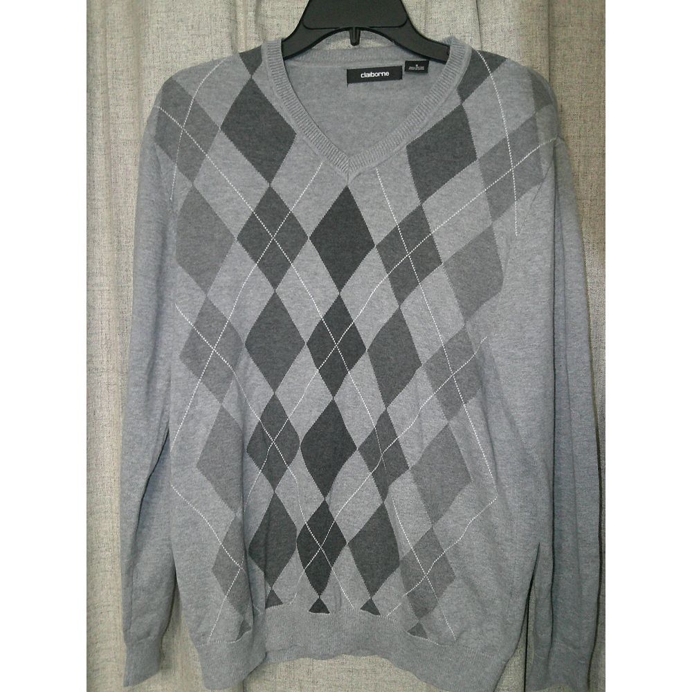Claiborne Classic Grey Argyle V-Neck Cotton Sweater Size S